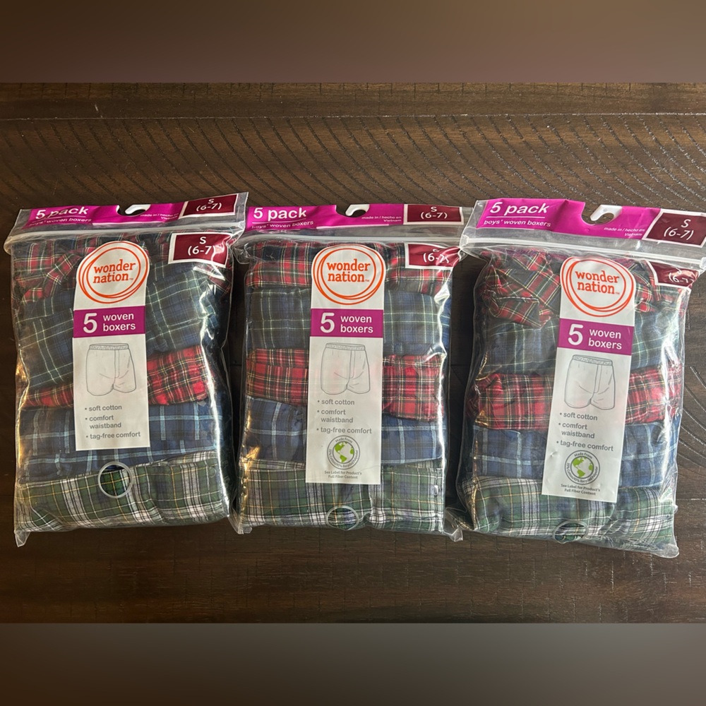 15 Pair Wonder Nation Woven Boxers Bundle (3 pkgs of 5 )       Size  6/7